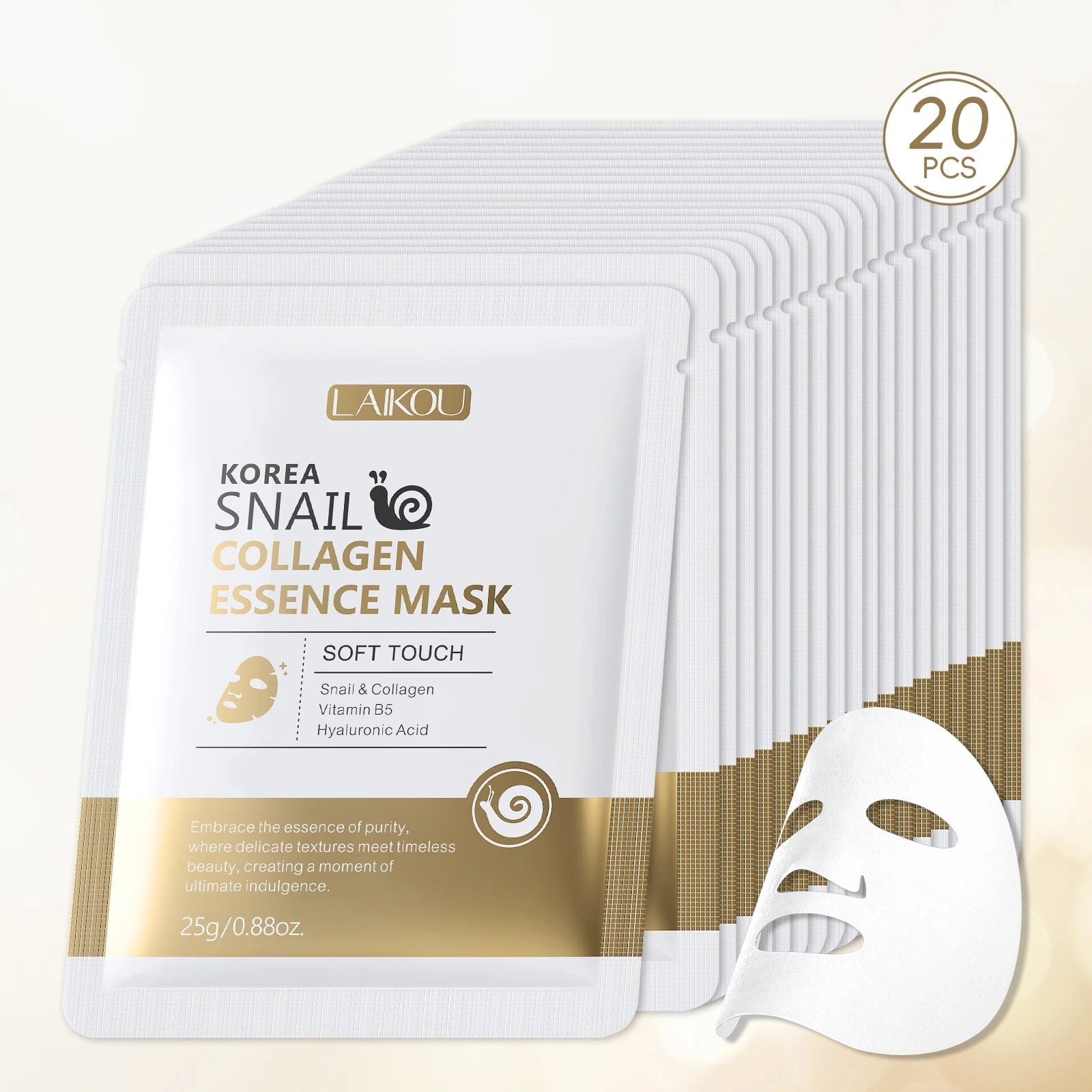 LAIKOU Korea Snail Collagen Essence Mask Hydrating Sheet Mask Anti-Wrinkle Face Mask Firming Skin Care 25g*20pcs - Zenvia goods & retreat