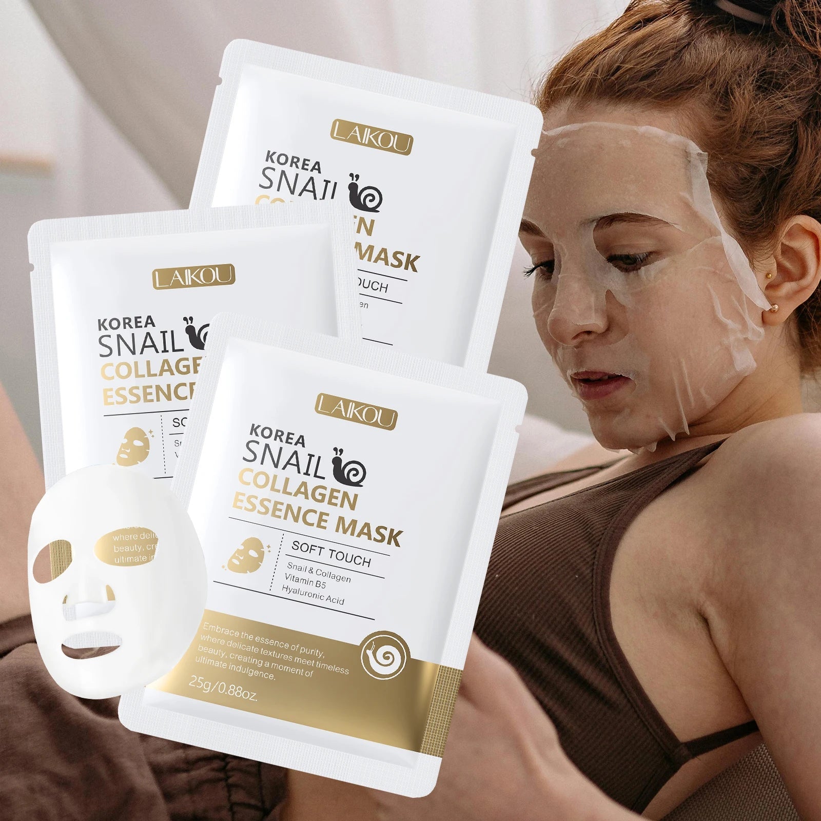 LAIKOU Korea Snail Collagen Essence Mask Hydrating Sheet Mask Anti-Wrinkle Face Mask Firming Skin Care 25g*20pcs - Zenvia goods & retreat